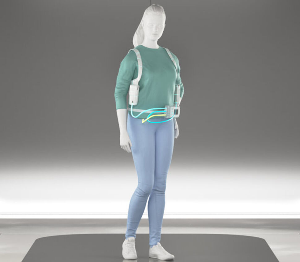 Person with inner body device closeup with outer cables Closeup of person with inner body device and outer portable supply system with highlighted cables