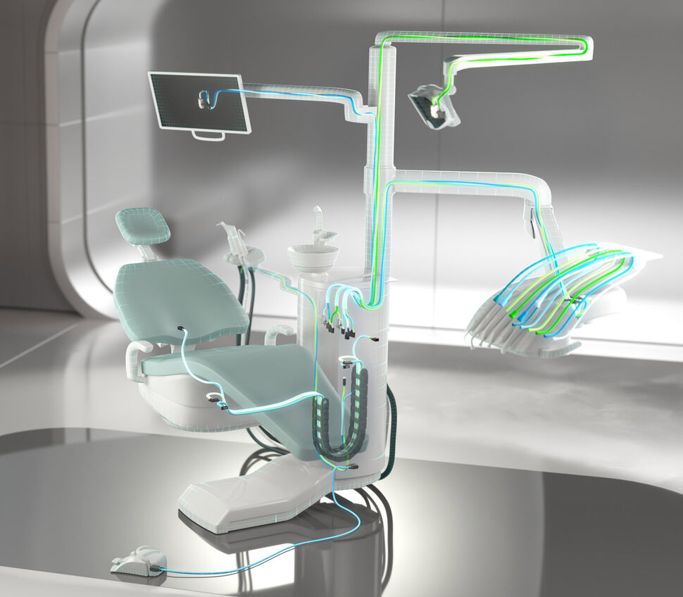 Interventional dental treatment unit closeup with cabling Closeup of dental treatment unit with indicated cabling inside