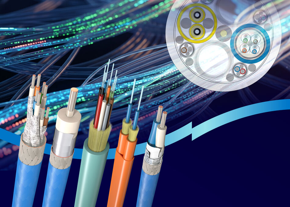 Close-up visual comparison of various cable technologies for advanced medical imaging connectivity, including Fiber Optic (FO), Industrial Ethernet, Single Pair Ethernet (SPE), Coaxial, and a Custom Hybrid Cable.