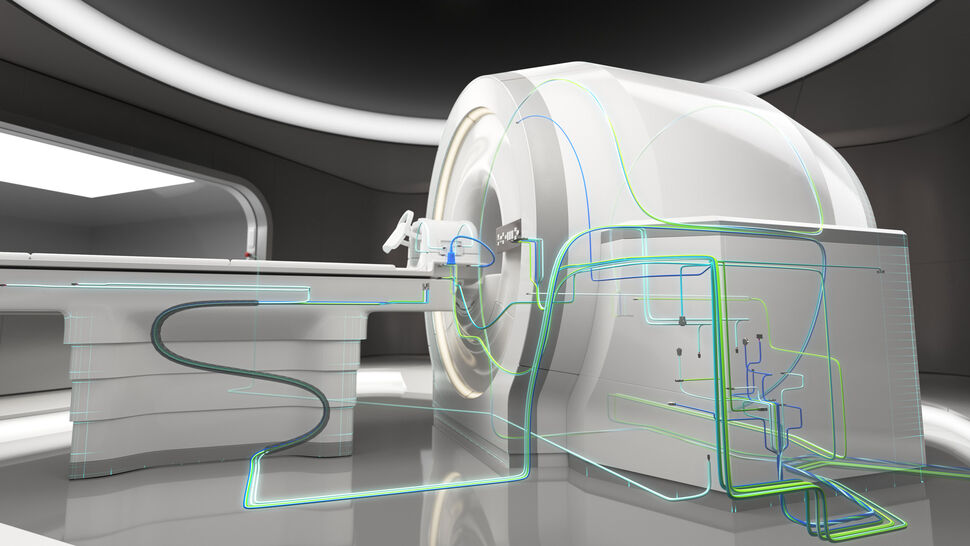 MRI scanner with internal wiring and connected medical cables MRI scanner system in hospital room showing exemplary internal wiring and medical cable solutions installed.